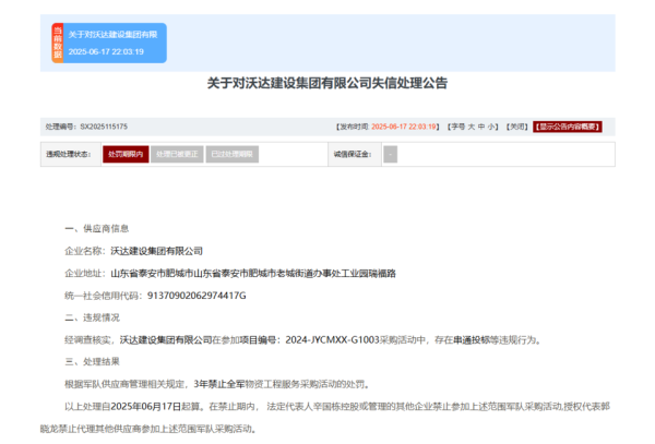红领金服 串通投标！沃达建设集团被全军采购禁入3年